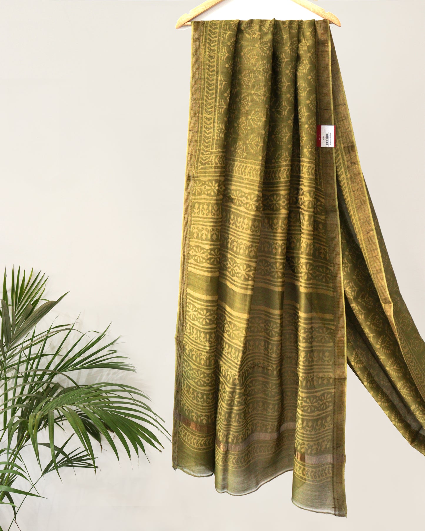 Olive Green Dabu Print Maheshwari Saree