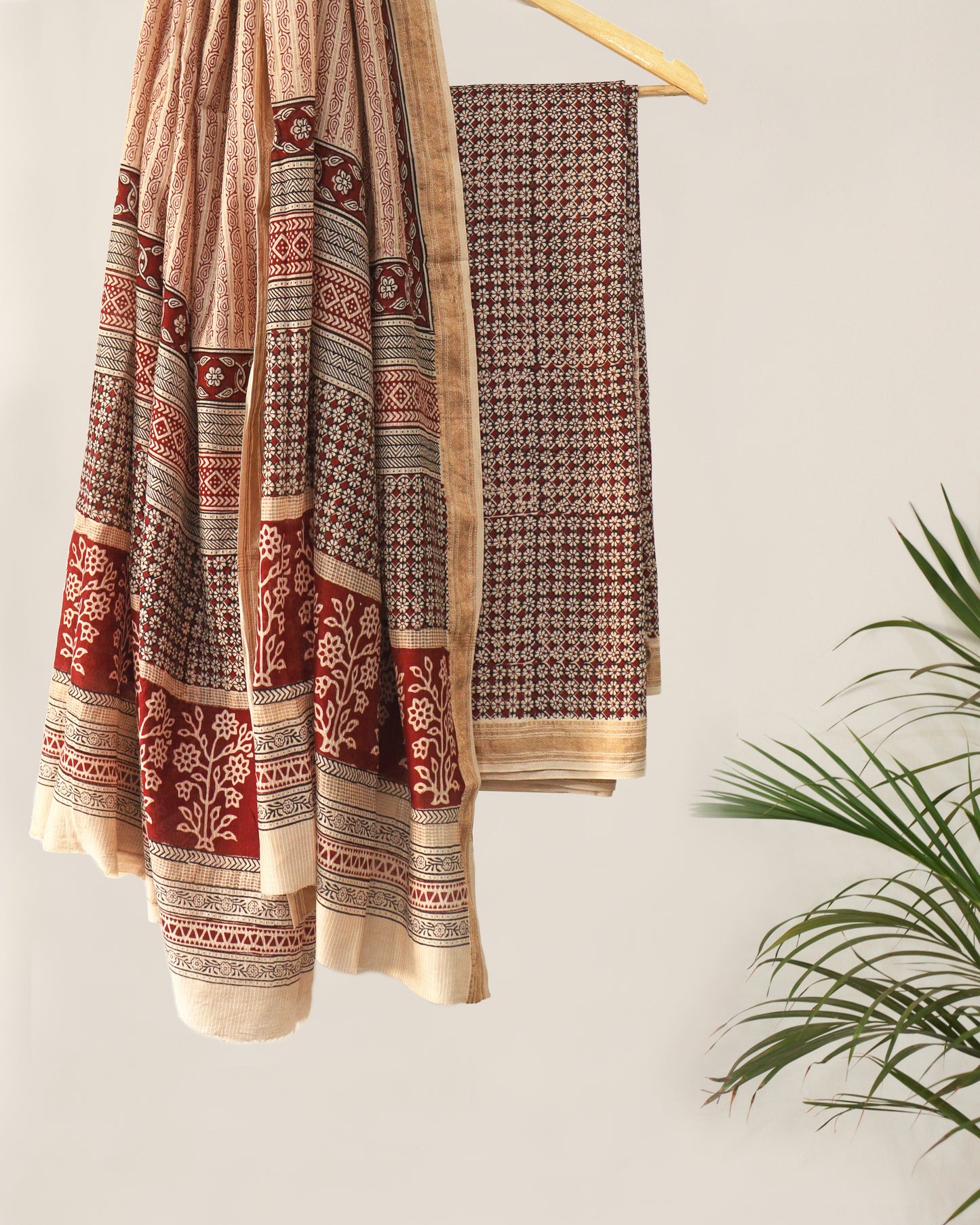 Maroon Floral Geometric Pattern Bagh Print Maheshwari suit