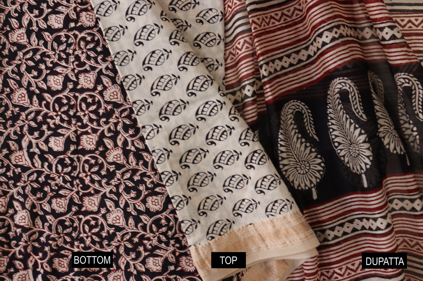 Off White-Maroon Paisley Motif Bagh Maheshwari Suit