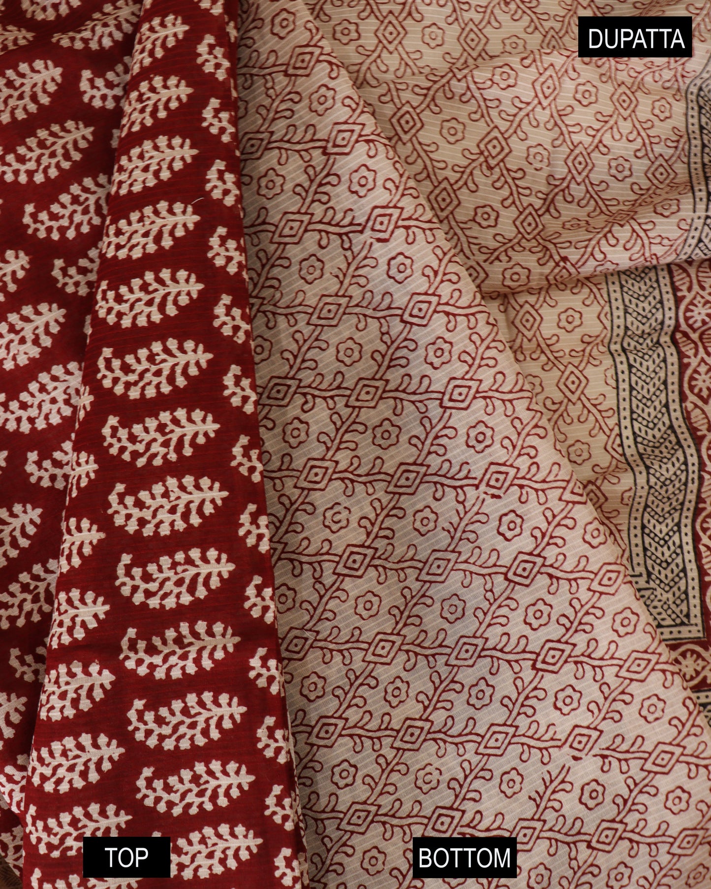 Maroon Off-White Bagh Print Maheshwari Suit