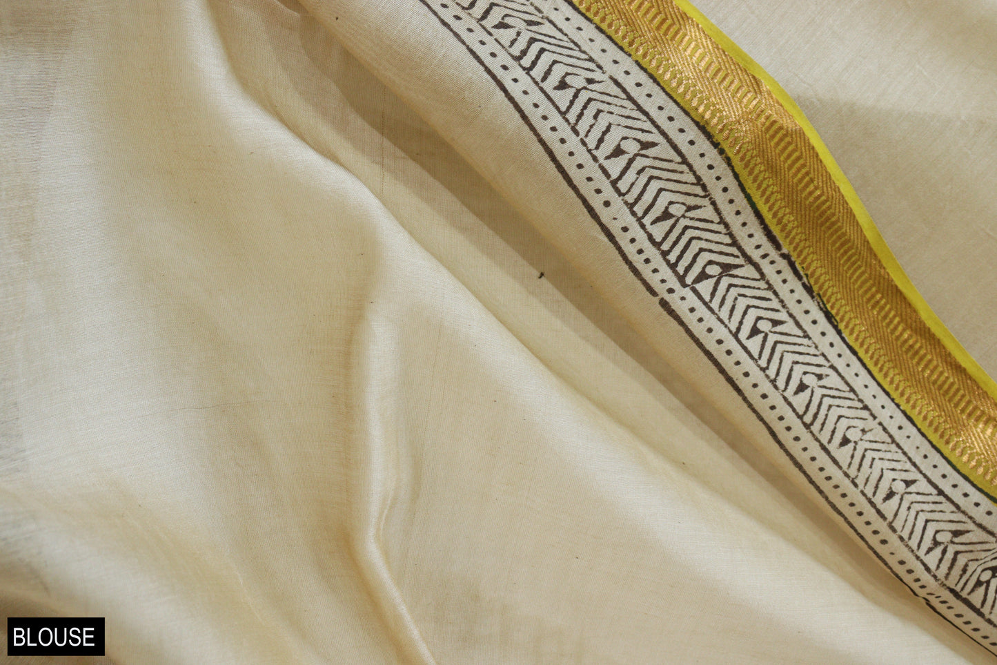 Yellow Geometrical Bagru Print Maheshwari saree