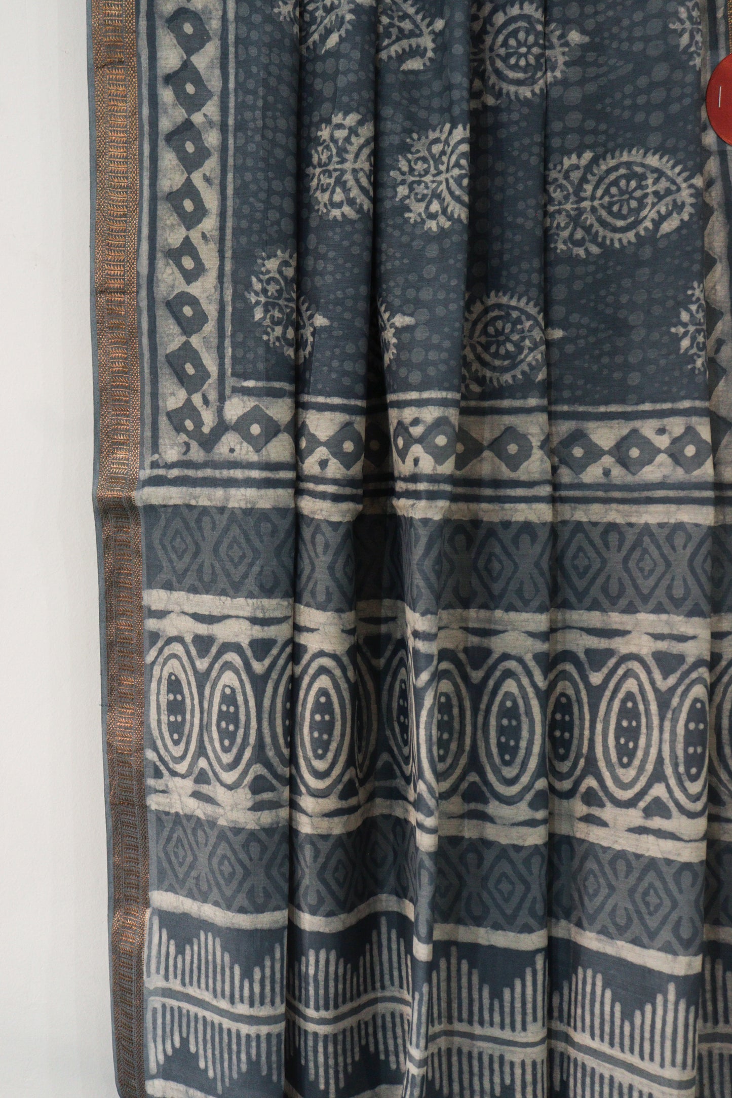 Indigo Dabu Print Maheshwari Saree