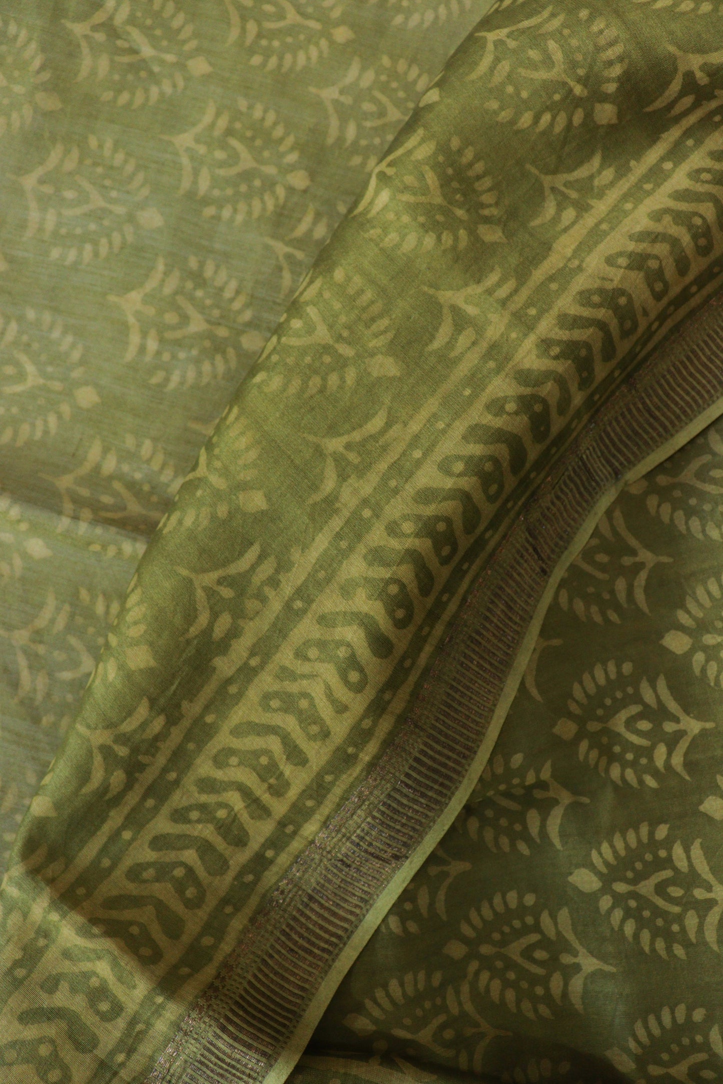 Olive Green Dabu Print Maheshwari Saree
