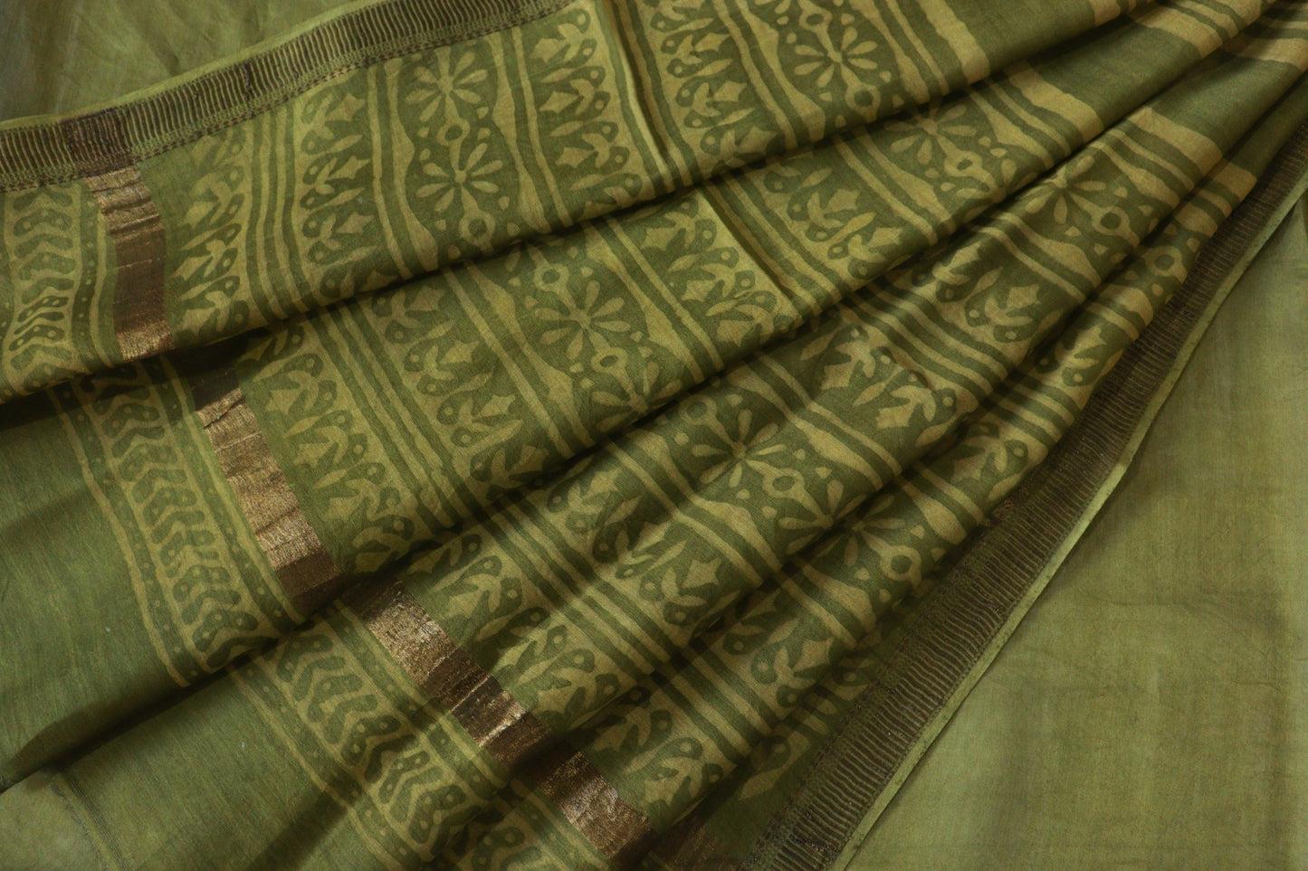 Olive Green Dabu Print Maheshwari Saree