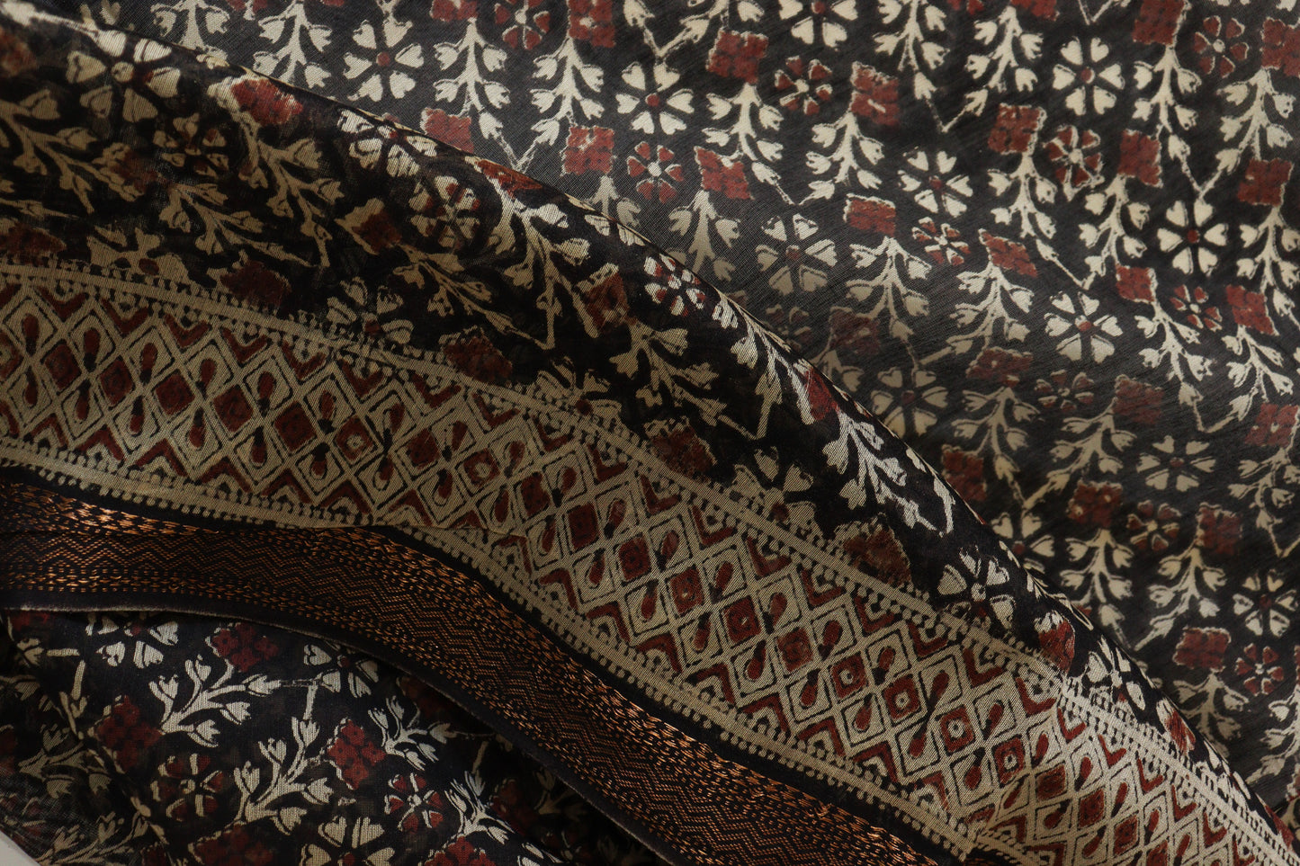 Black Floral Jaal Bagru Print Saree