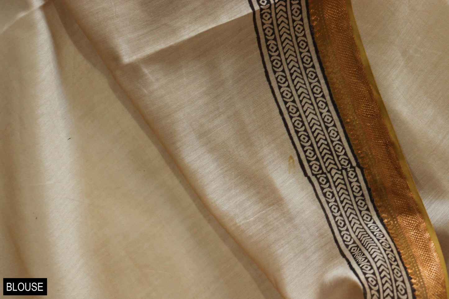 Beige -Ochre Bagru Print Maheshwari Saree