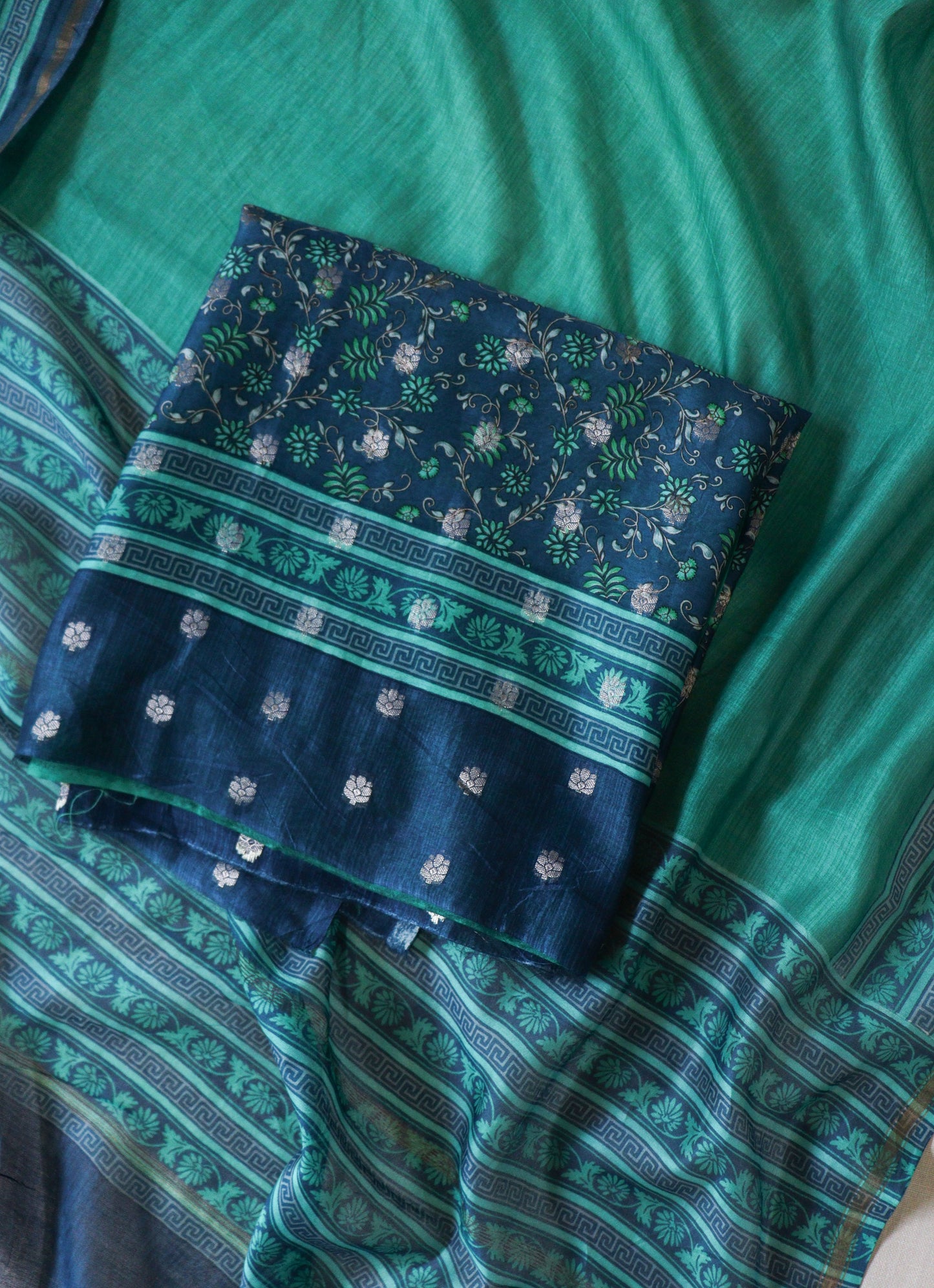 Green chanderi banarsi butta suit