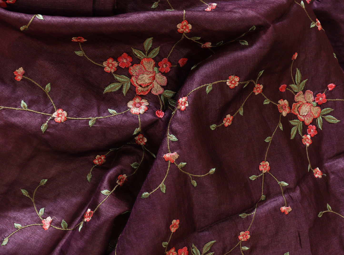 Wine Floral Embroidered Moonga