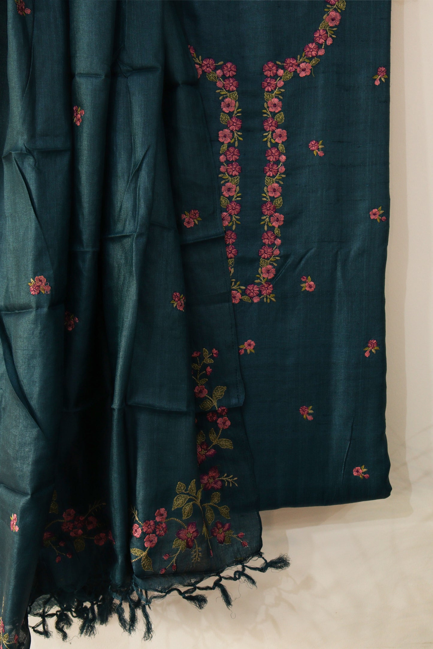 Blue Floral Embroidered Moonga Tussar Suit